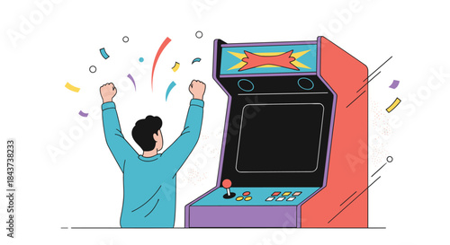 Person celebrates a high score in front of a retro arcade cabinet as confetti bursts and colorful lights flash around the room.