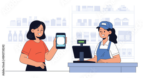 Customer pays with a smartphone at the checkout while a friendly cashier processes the sale at a bright store counter with good lighting.