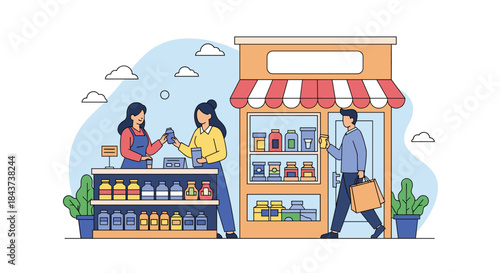 Vibrant street market storefront scene shows two customers at a counter while a shopper with a bag passes shelves stocked with groceries.