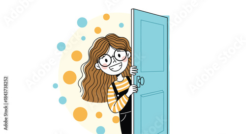 Cheerful cartoon girl with glasses peeks from behind a bright blue door as colorful circles float in a soft yellow background.