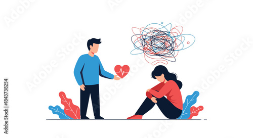Man offers a red heart to a distressed woman who sits in sorrow while tangled thoughts swirl above her head showing support and empathy in a difficult moment.