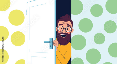 Bearded man peers out from a slightly opened door in a bright polka dot hallway inviting curiosity and a warm welcome today.