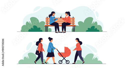 Two friends chat and drink on a park bench while a separate scene shows a family stroll with a baby stroller in a leafy park.