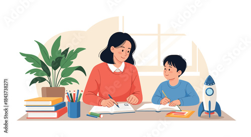 Caring mother helps her son with homework at a cluttered desk surrounded by books pencils a plant and a toy rocket ready for learning adventures.