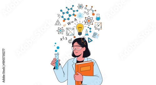 Curious female scientist analyzes a test tube while holding a notebook and exploring ideas sparked by a glowing light and floating diagrams around her.