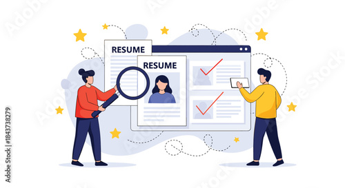 Two professionals review resumes and assess candidates using a magnifying glass and a checklist on a large digital board during a recruitment scene.