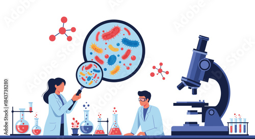 Two scientists study microscopic bacteria in a modern laboratory using a large microscope and glassware as they analyze samples and discuss findings.