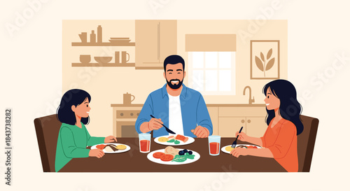 Family members share a cozy meal at a kitchen table with a father and two children enjoying conversation and plates of colorful food in a warm home setting.