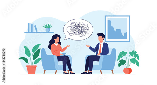 Two people sit in modern lounge chairs across from each other and discuss ideas as a tangled thought bubble appears between them.