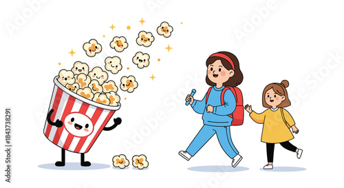 Children stroll beside a cheerful striped popcorn bucket mascot that tosses warm popcorn while two kids walk along sharing a fun snack moment.