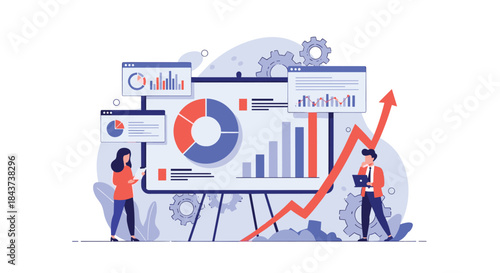 Teams of analysts present a comprehensive data dashboard showing pie bar and line charts to highlight growth trends and insights for strategic decisions.