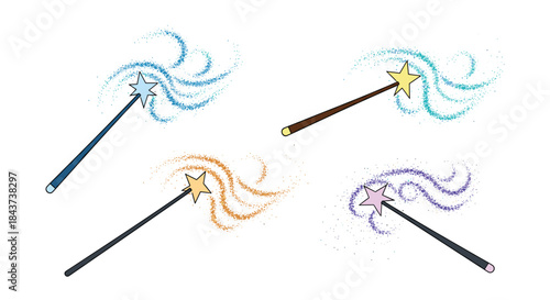 Four magical wands emit bright sparkling trails in blue turquoise orange purple and brown with star tips swirling in playful whimsical motion across the scene.