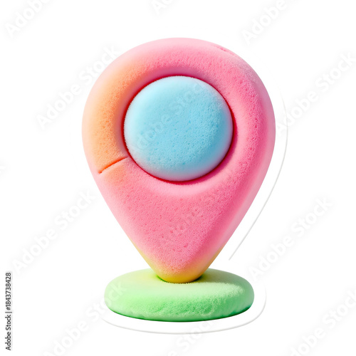 A colorful pastel macaron shaped like a location pin on black background