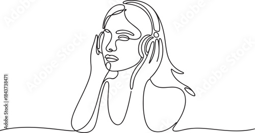 line art drawing of Woman listening to music on headphones.one line  vector illustration  with out background