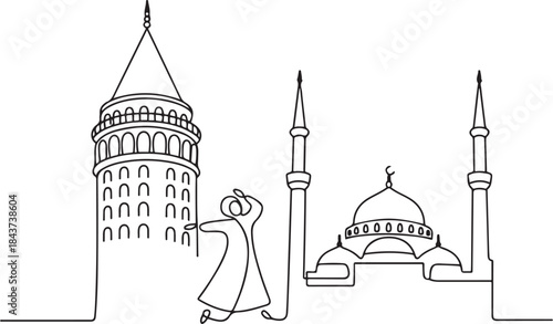 One line style Galata Tower ,sufi dancer and masjid or mosque.one line  vector illustration  with out background