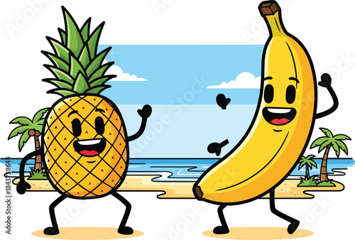 Animated pineapple and banana dancing together.