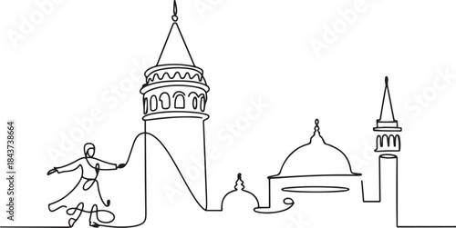 One line style Galata Tower ,sufi dancer and masjid or mosque.one line  vector illustration  with out background