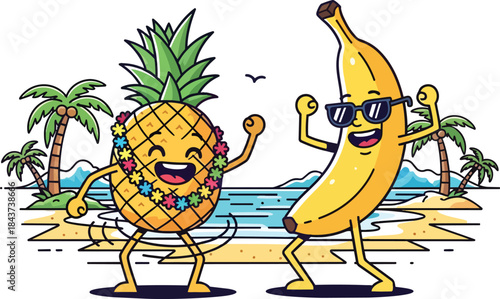 Anthropomorphic Pineapple and Banana Dancing Characters.