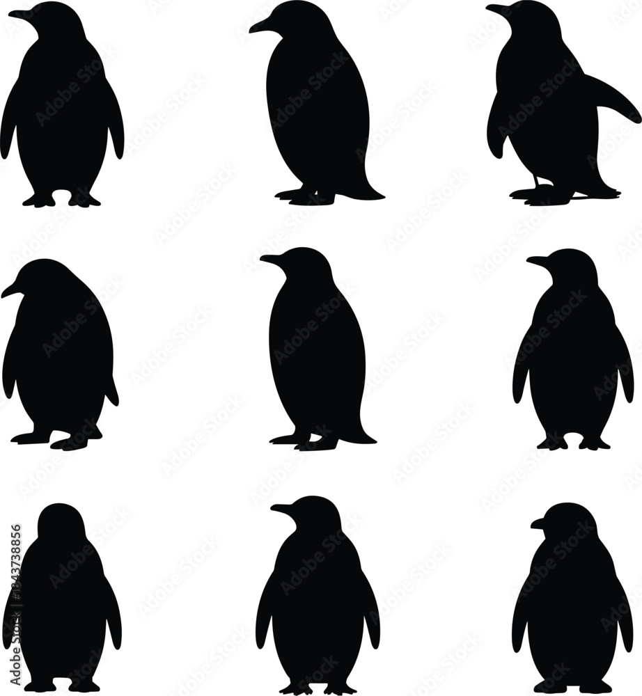 Naklejka premium A collection of various penguin silhouettes arranged in a grid pattern