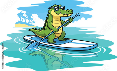 Cartoon crocodile paddleboarding on water with paddle.