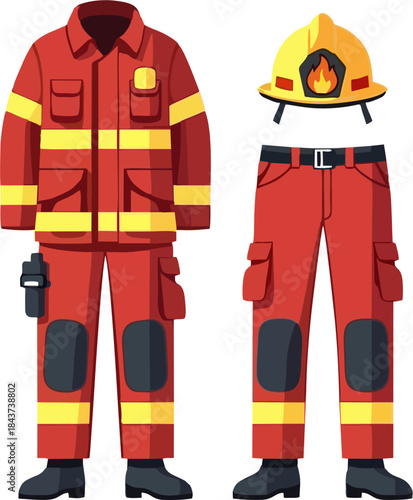 Red Firefighter Uniform Front View – Flat Vector Protective Jacket, Pants and Helmet Illustration