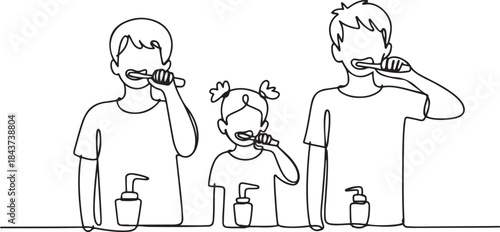 Single continuous line drawing two boys and girls are brushing their teeth in bathroom.one line  vector illustration  with out background