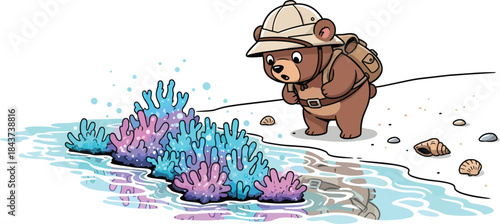 Cartoon explorer with hat and backpack.