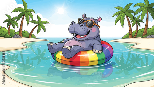Cartoon Hippopotamus Floating in Bright Inflatable Ring.