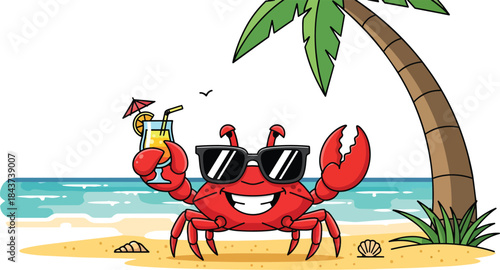 Cartoon Red Crab Wearing Sunglasses Holding Cocktail.