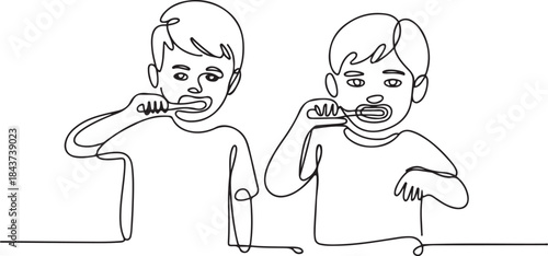 Single continuous line drawing two boys and girls are brushing their teeth in bathroom.one line  vector illustration  with out background