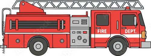 Red Fire Truck with Ladder Side View Flat Vector Illustration
