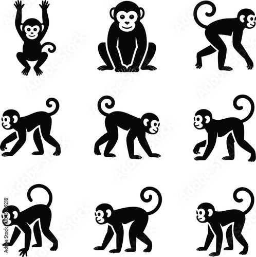 A set of nine black silhouette icons depicting monkeys in different poses and actions