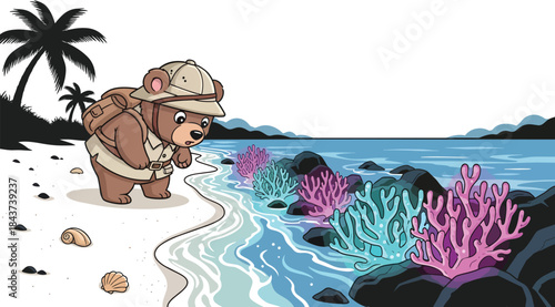 Caveman observing colorful coral along shoreline.