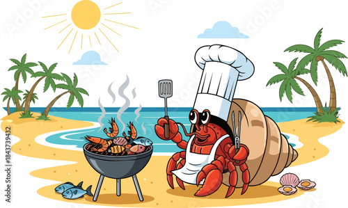 Crab Chef Grilling Seafood on Barbecue.
