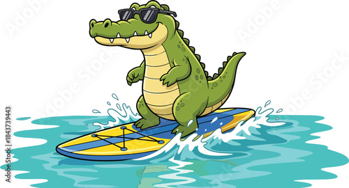 Crocodile Surfer Cartoon Riding Surfboard On Wave.