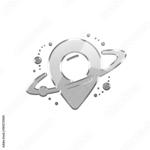 A silver location pin icon with a space theme and orbiting elements