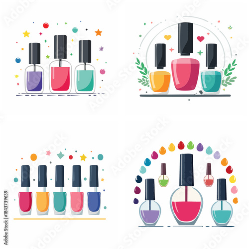 Download colorful nail polish bottles set in vector illustration isolated on white for beauty cosmetics and design purposes