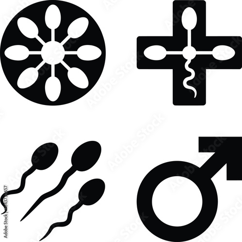  Black and white male reproductive vector icons featuring sperm movement, fertilization, medical cross, and gender symbol.