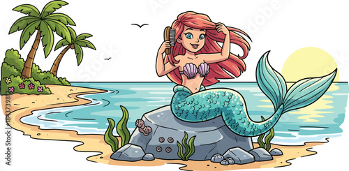 Mermaid resting on rocky seaside posing.