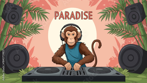 Monkey DJ Playing Turntable at Party.