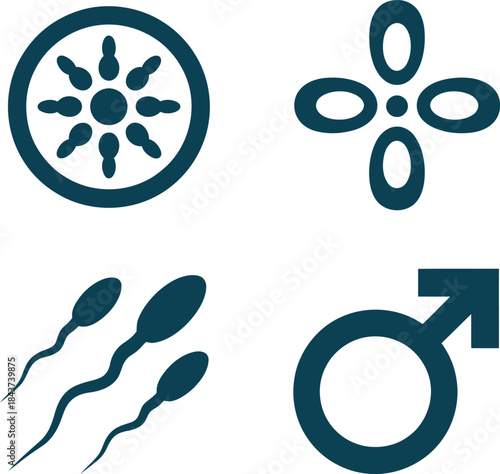 Male reproductive vector icons featuring sperm movement, fertilization, cellular symmetry, and gender symbol for biology education.