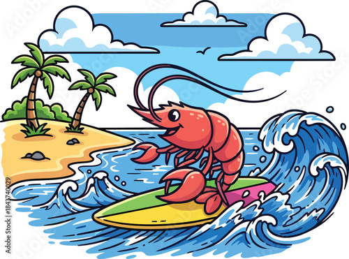 Playful Cartoon Lobster Surfing On Surfboard.