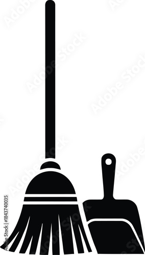 Black silhouette icon of a broom and dustpan for cleaning and sweeping floors