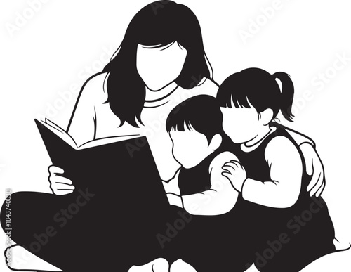 Mother Reading a Book to Children – Bedtime Story Silhouette
Loving Mother and Kids Reading Together at Home
Family Reading Time with Mother and Children Illustration