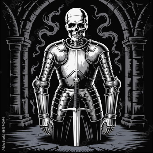 High-contrast black and white vector of a skeleton in medieval armor with longsword amid crumbling gothic arches and swirling mist.