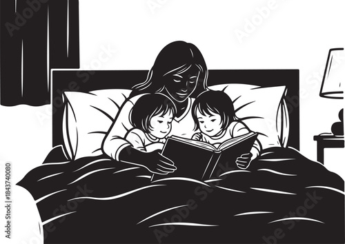 Mother Reading a Book to Children – Bedtime Story Silhouette
Loving Mother and Kids Reading Together at Home
Family Reading Time with Mother and Children Illustration