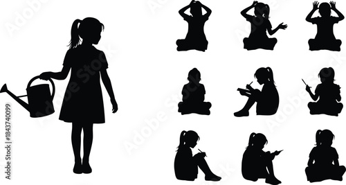 Black Silhouette Collection of a Little Girl in Diverse Poses Standing, Sitting, Writing, Gardening, Drinking, and Using a Smartphone, Representing Childhood Activities