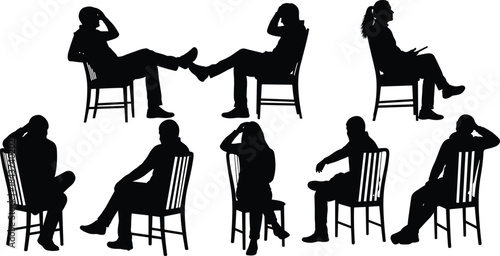 Contemplative and Relaxed Silhouettes Diverse Group of Men and Women Sitting and Thinking in Various Poses on Wooden Chairs