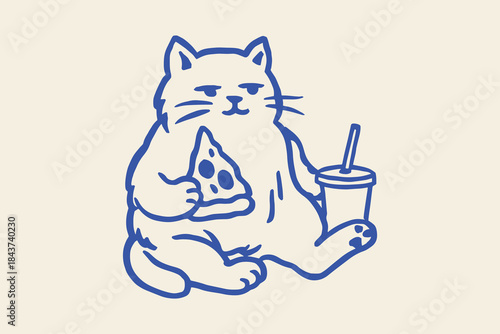 Cat with pizza and soda doodle outline vector illustration