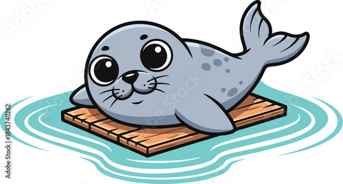 Playful cartoon seal on a wooden raft.